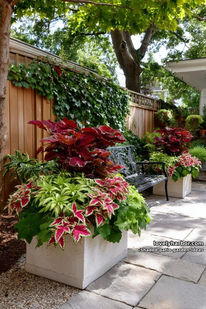 15 Dreamy Shaded Patio Garden Ideas to Inspire Your Backyard 24 large ceramic planters overflowing with coleus, begonias, and caladiums 1