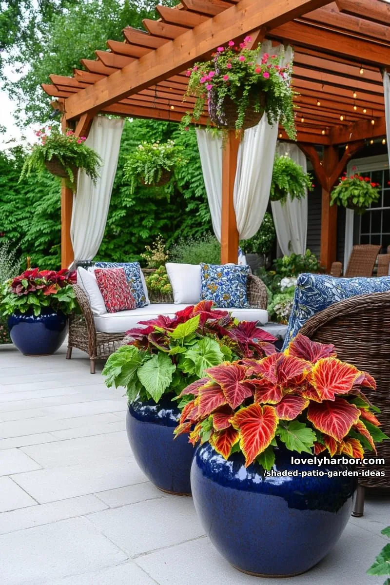 15 Dreamy Shaded Patio Garden Ideas to Inspire Your Backyard 25 large ceramic planters overflowing with coleus, begonias, and caladiums 1