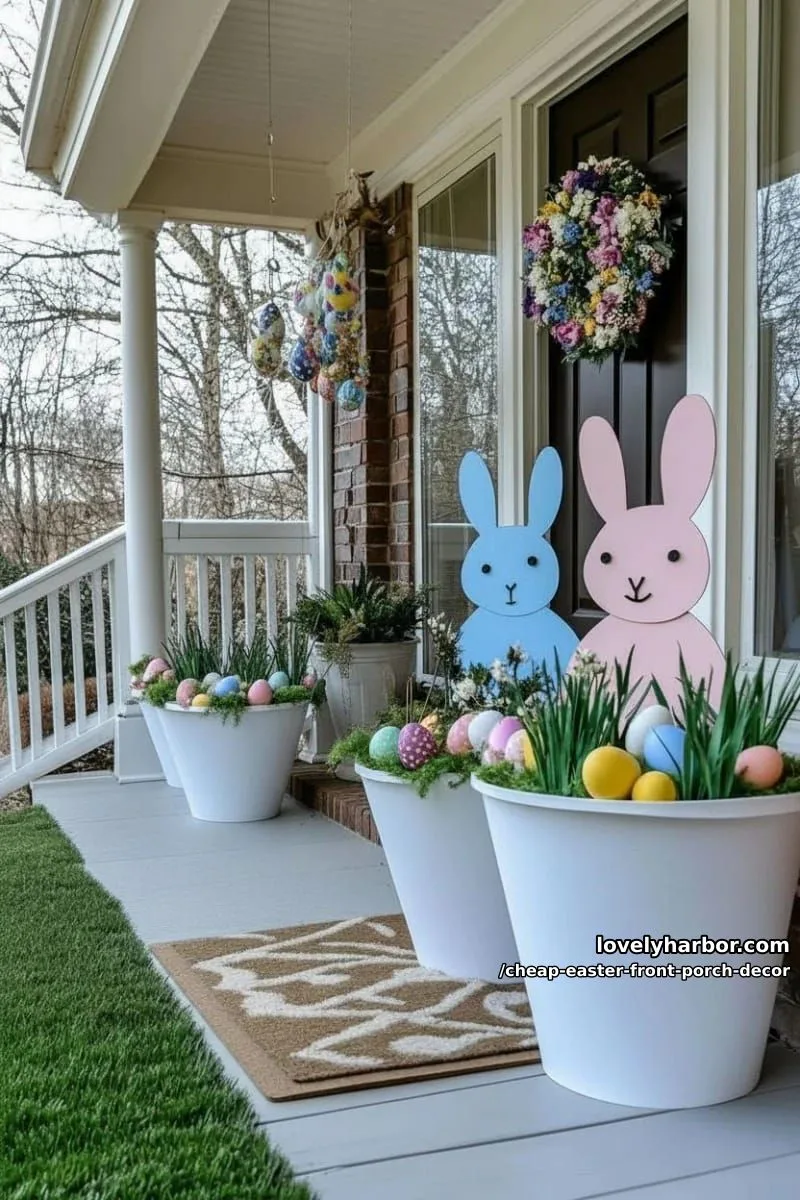 15 Cheap Easter Front Porch Decor Ideas On A Budget 25 large felt bunny silhouettes peeking from porch planters 1