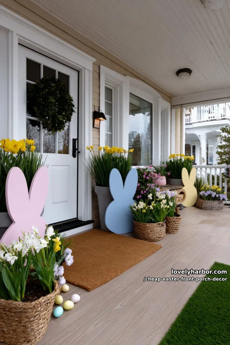 15 Cheap Easter Front Porch Decor Ideas On A Budget 27 large felt bunny silhouettes peeking from porch planters 1