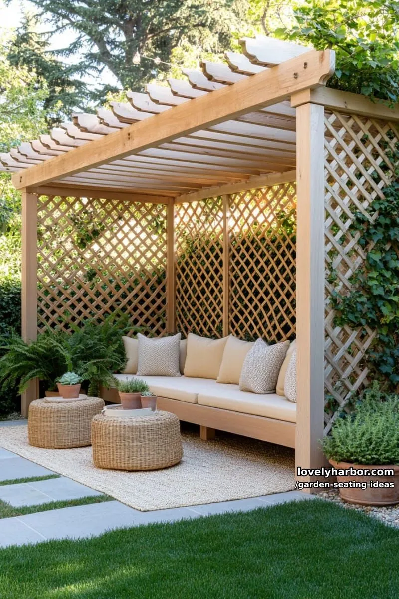 lattice pergola with built-in bench, neutral cushions, and leafy plants 1