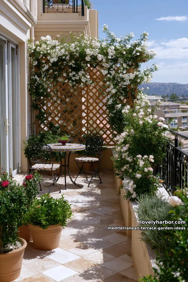lattice privacy screens entwined with jasmine and climbing roses 1