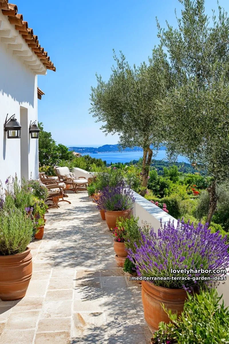 lavender-lined stone pathway with terra cotta pots and olive trees 1