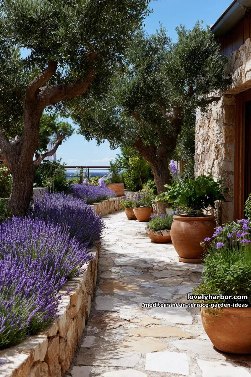 lavender-lined stone pathway with terra cotta pots and olive trees 1