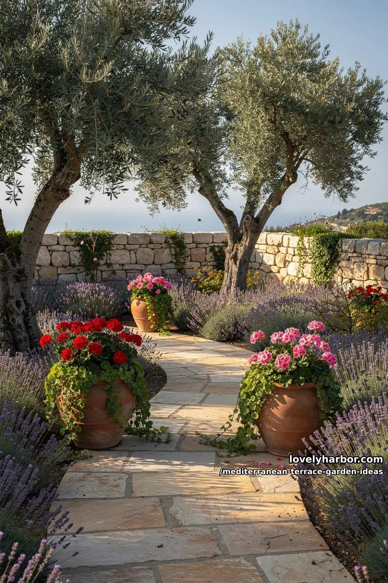 lavender-lined stone pathway with terra cotta pots and olive trees 1
