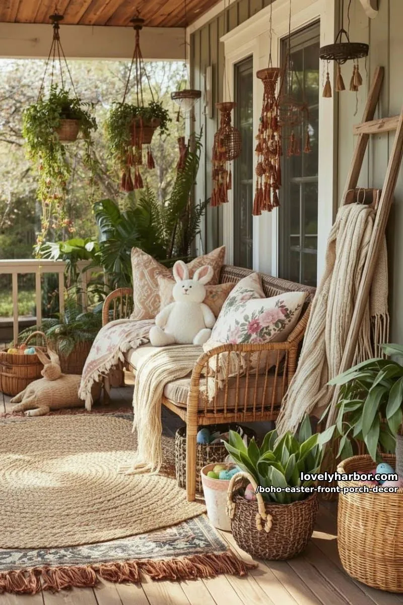 layered boho rugs with a mix of floral and bunny-shaped pillows 1
