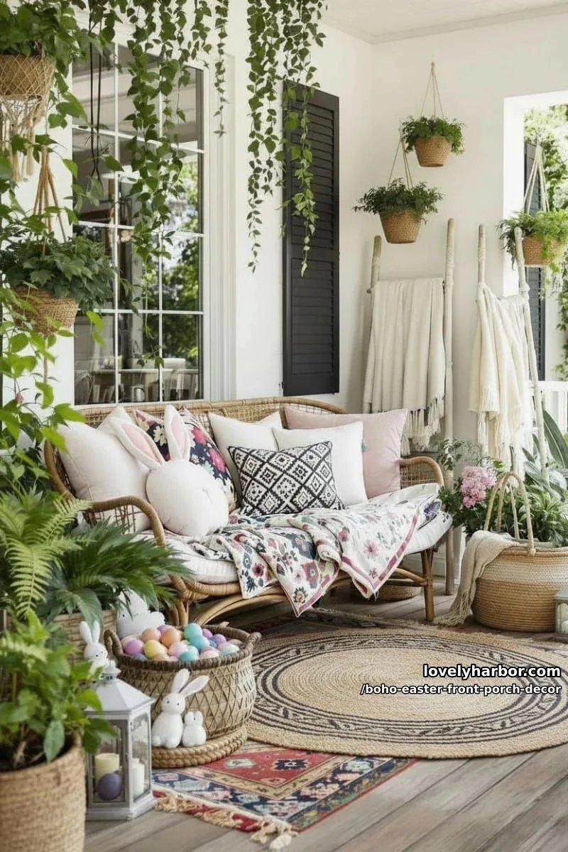 layered boho rugs with a mix of floral and bunny-shaped pillows 1