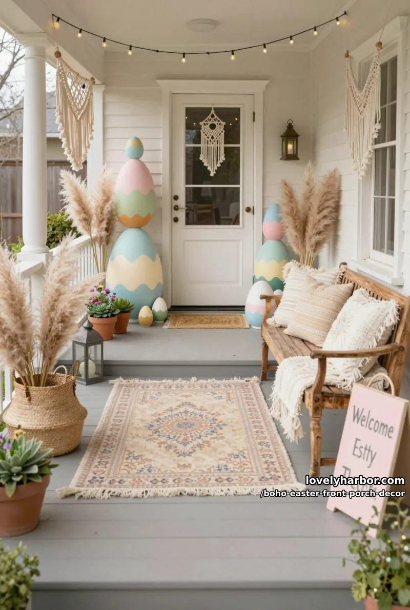 layered pastel egg sculptures with pampas grass and macramé garlands by the door 1