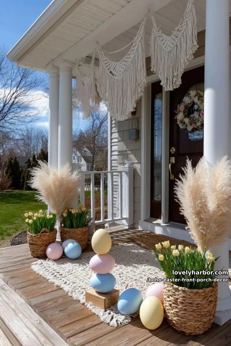 layered pastel egg sculptures with pampas grass and macramé garlands by the door 1