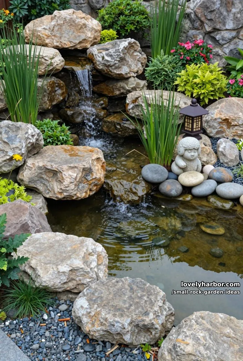 layered rock garden with waterfall, pond, and whimsical details. 1