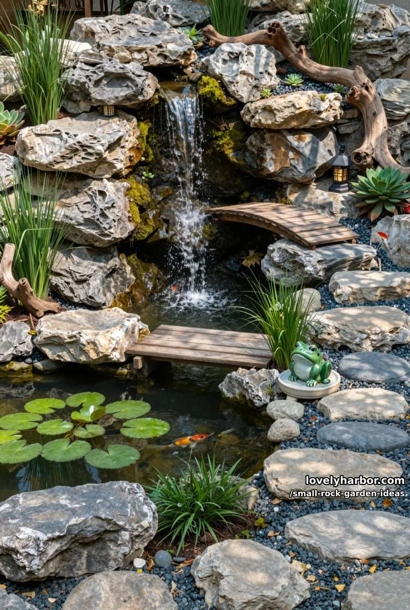 layered rock garden with waterfall, pond, and whimsical details. 1