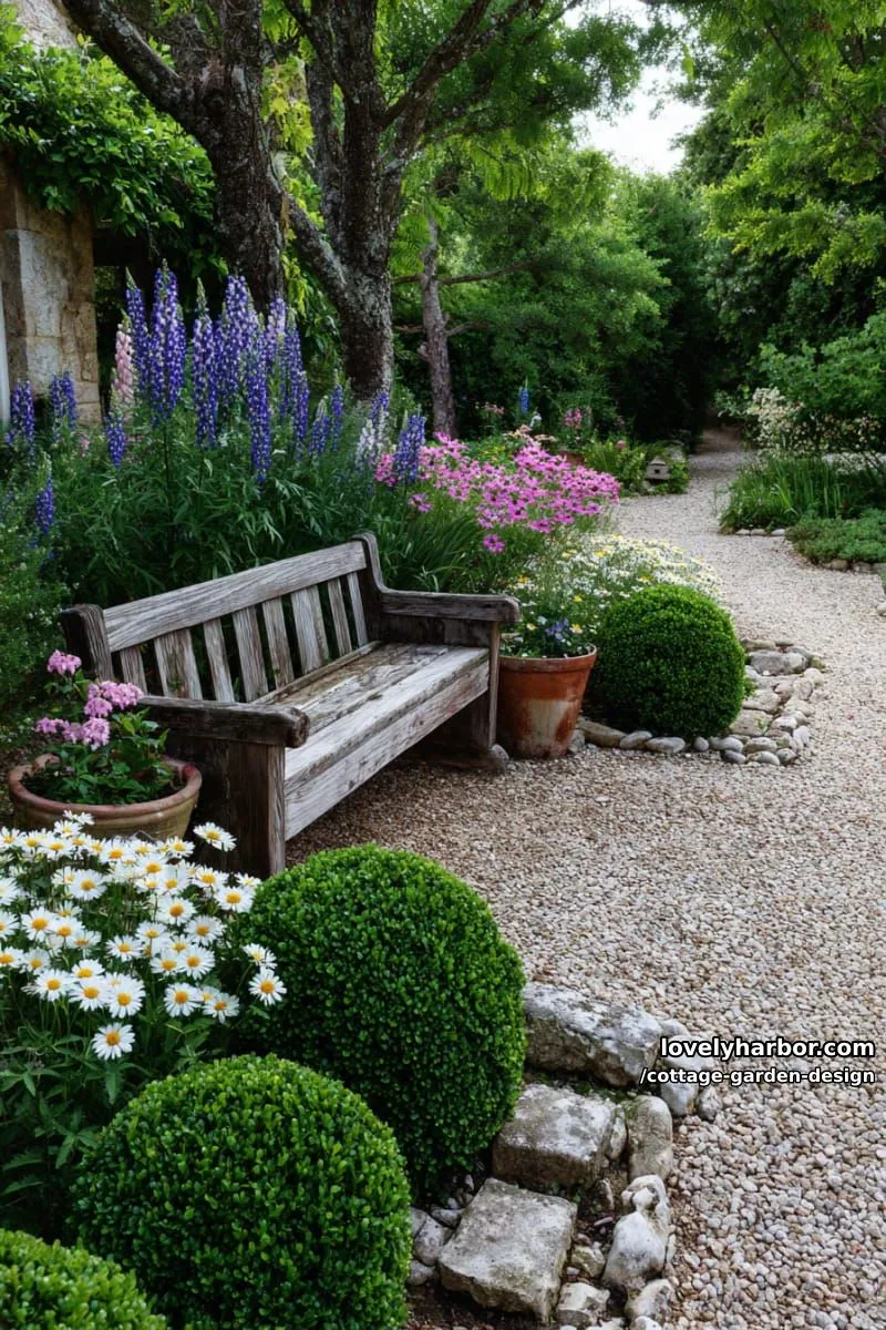 layered summer cottage garden with boxwoods, larkspur, and colorful blooms 1