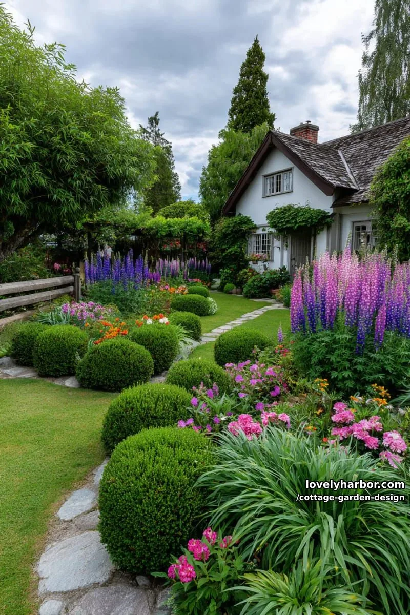 layered summer cottage garden with boxwoods, larkspur, and colorful blooms 1