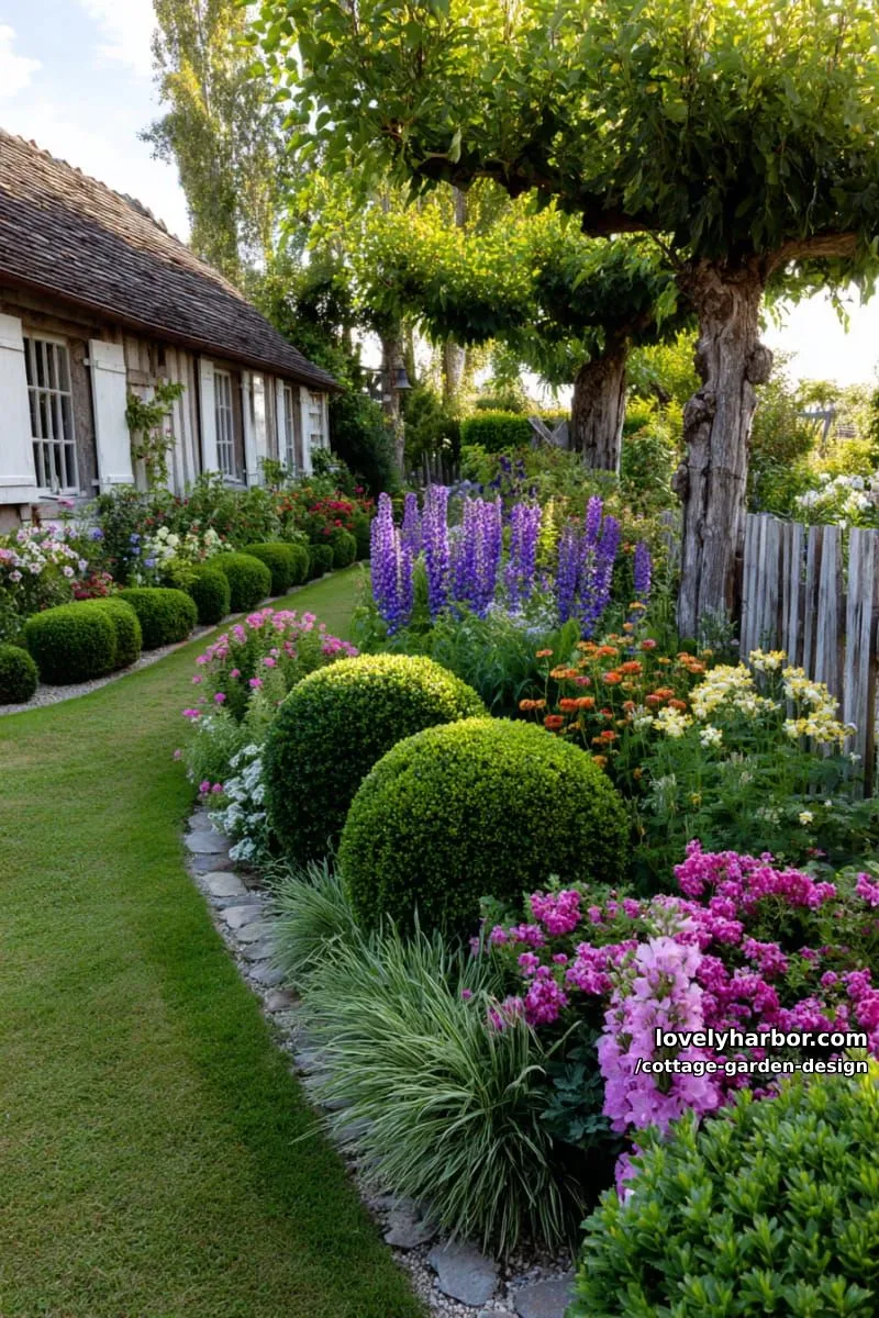 layered summer cottage garden with boxwoods, larkspur, and colorful blooms 1