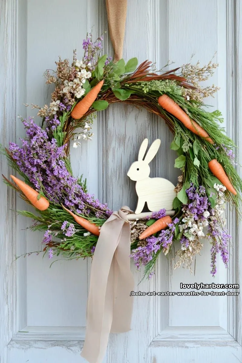 15 Boho Art Easter Wreaths for an Inviting Front Door 32 layered wildflower wreath with mini carrots, lavender, and wooden bunny cutout 1
