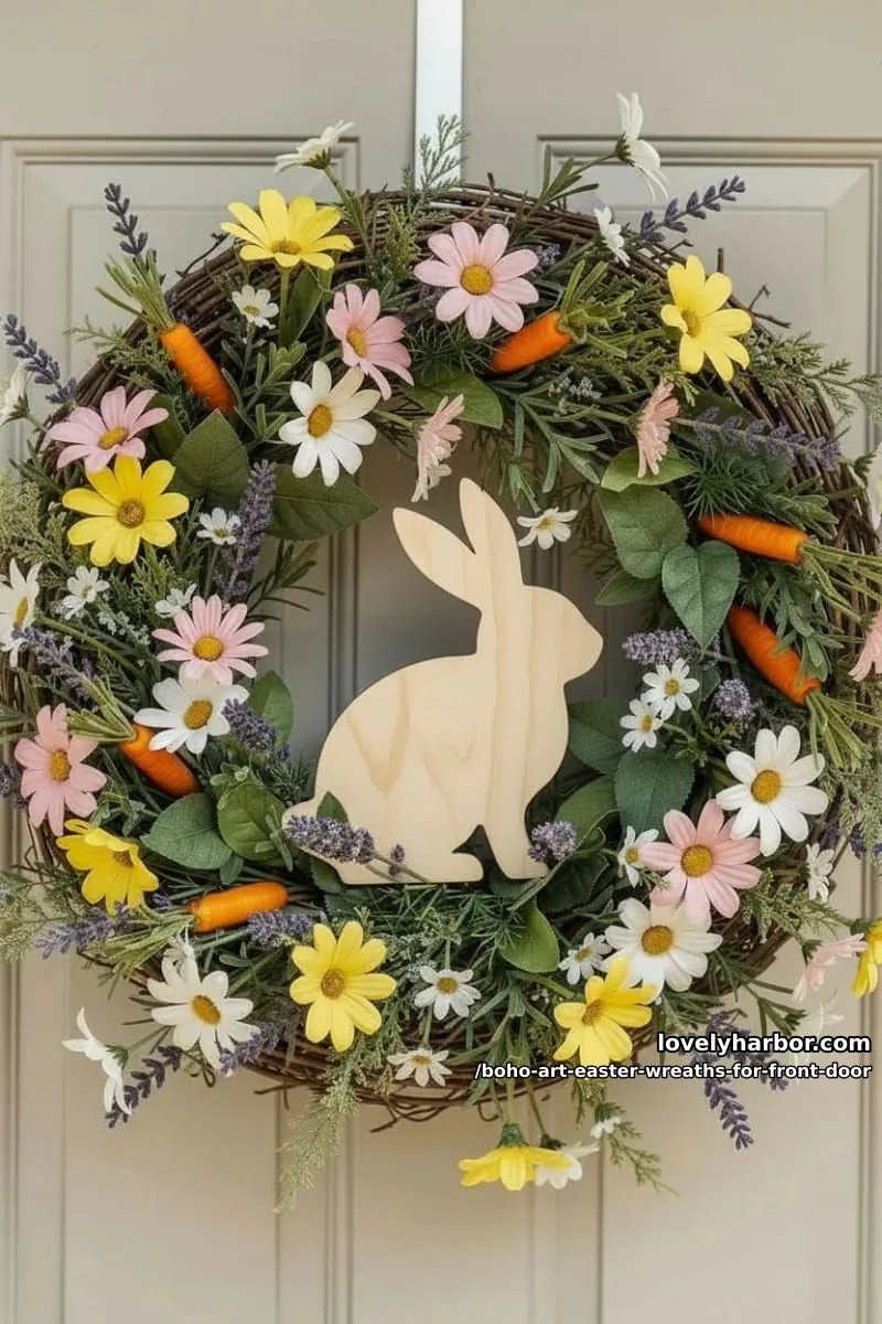 15 Boho Art Easter Wreaths for an Inviting Front Door 33 layered wildflower wreath with mini carrots, lavender, and wooden bunny cutout 1