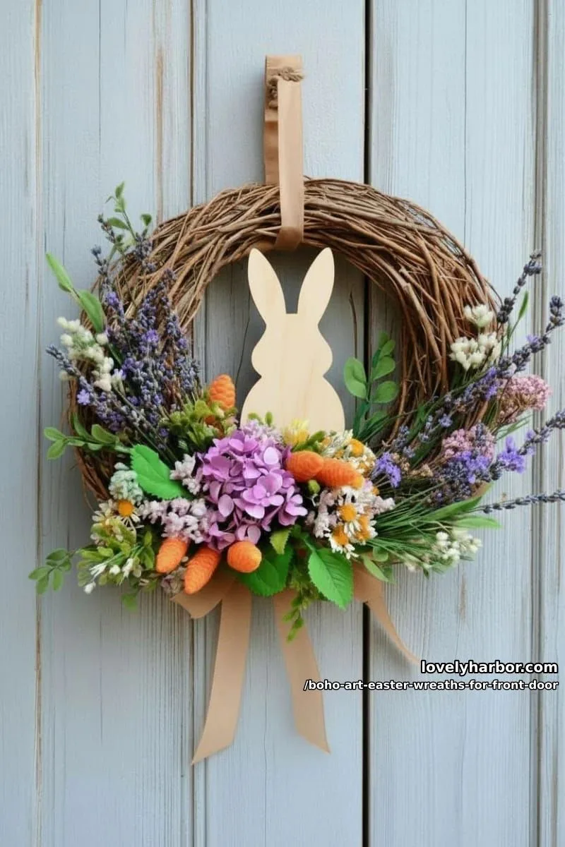 15 Boho Art Easter Wreaths for an Inviting Front Door 34 layered wildflower wreath with mini carrots, lavender, and wooden bunny cutout 1