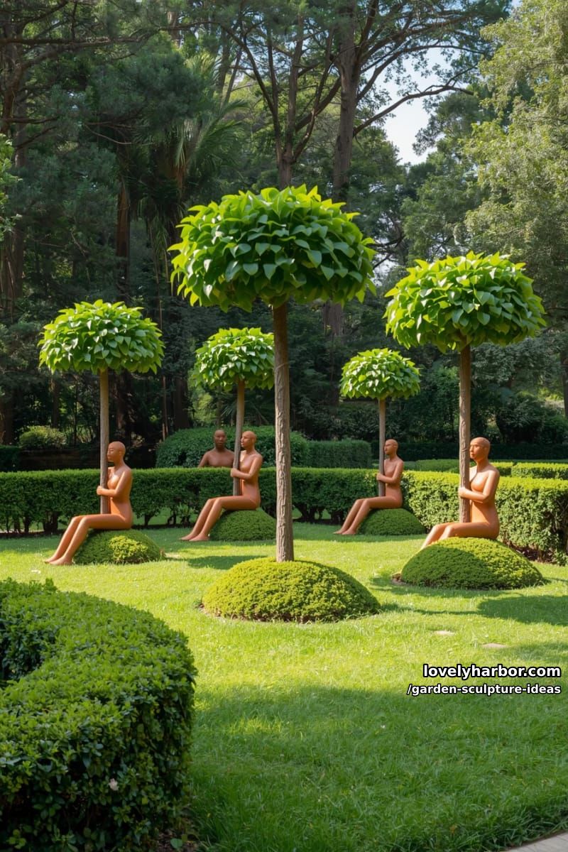 life-sized earthy human figures holding slender trees in manicured garden. 1