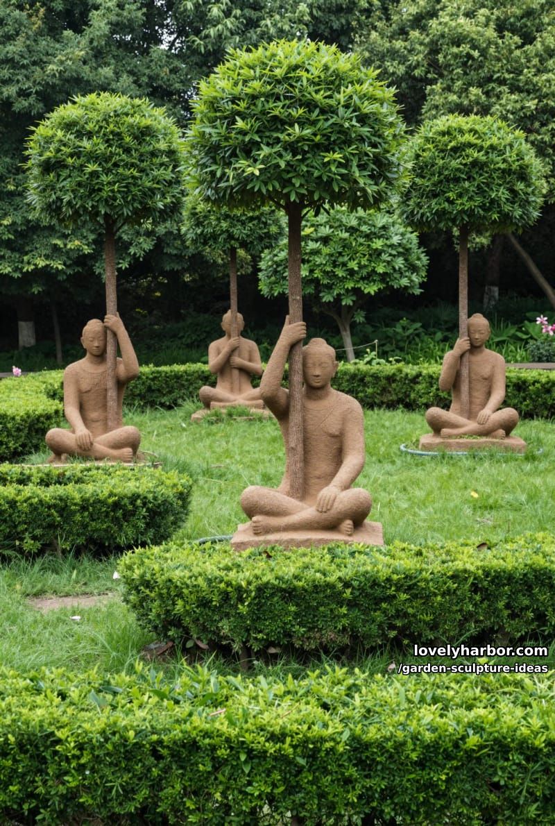 life-sized earthy human figures holding slender trees in manicured garden. 1