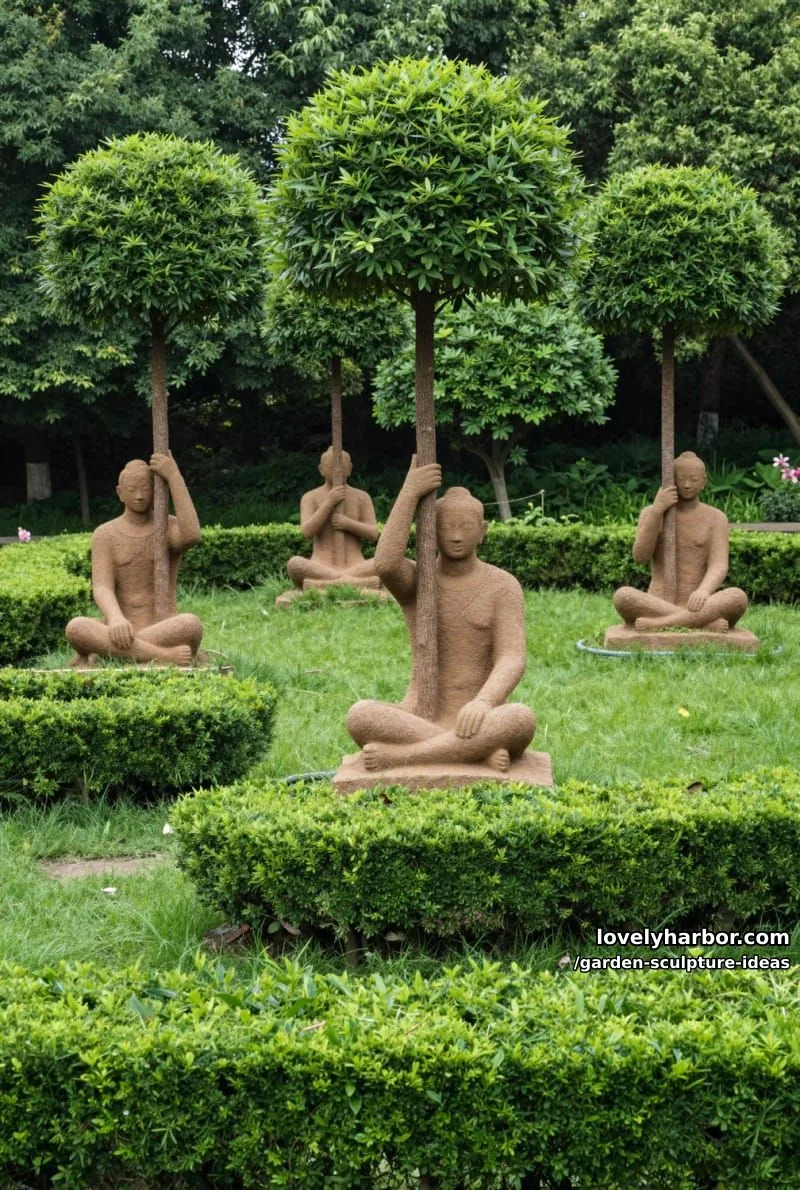 life-sized earthy human figures holding slender trees in manicured garden. 1