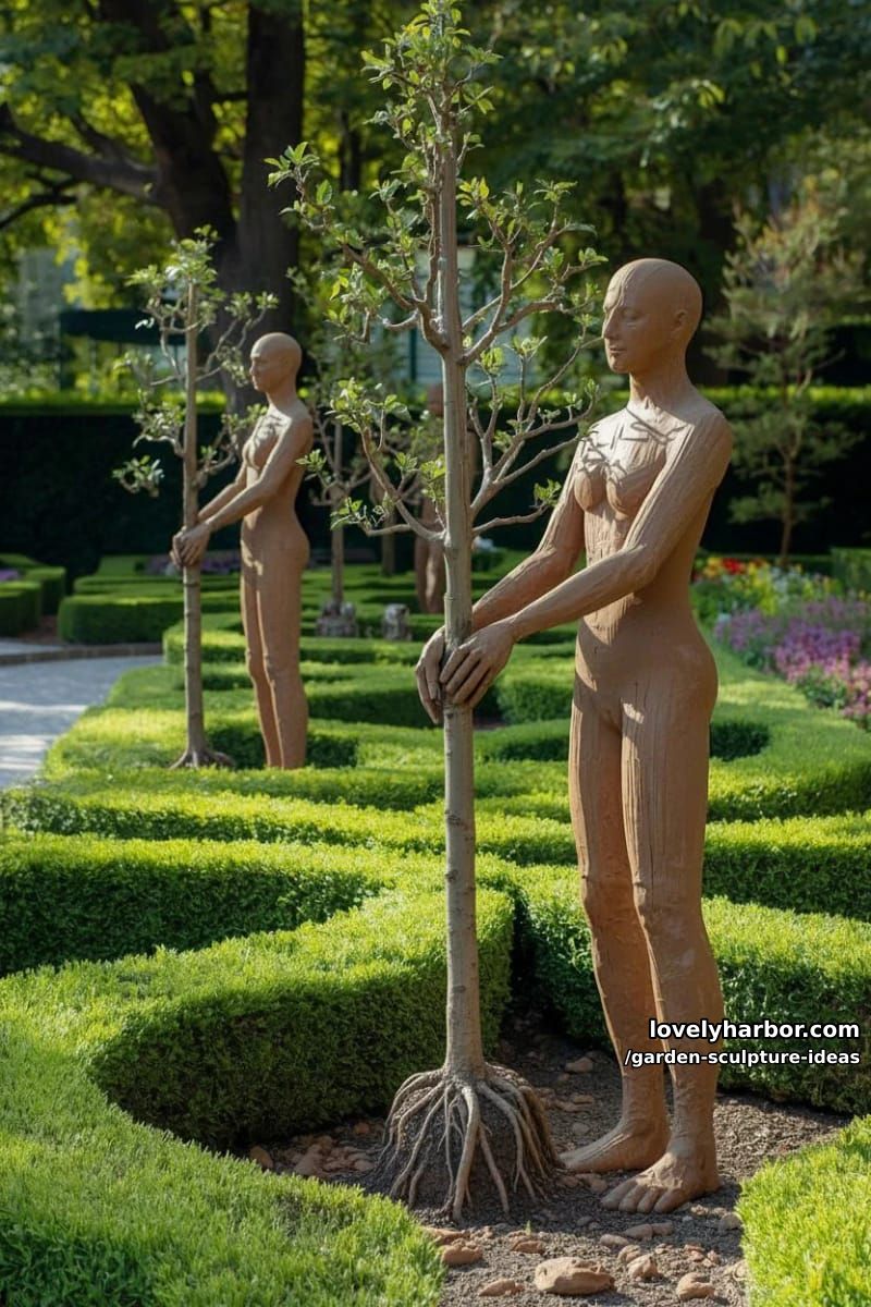 life-sized earthy human figures holding slender trees in manicured garden. 1
