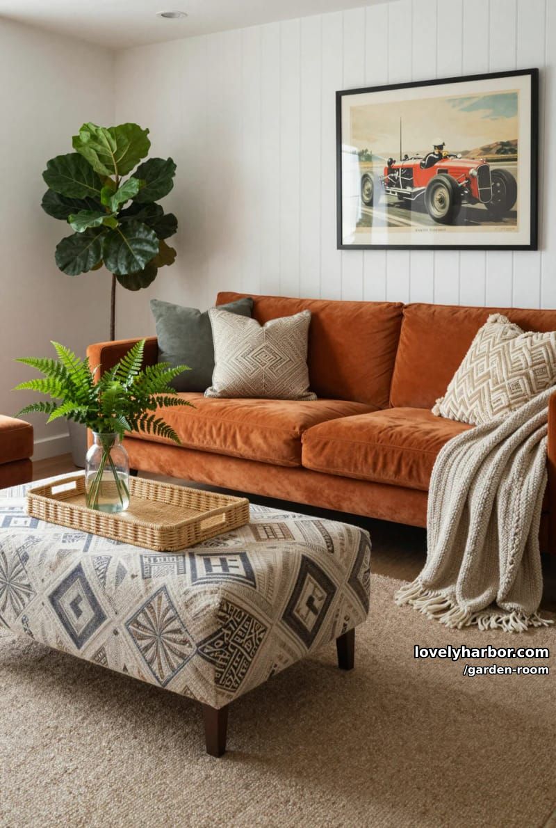 living room with orange velvet sofa, patterned cushions, and green plants. 1