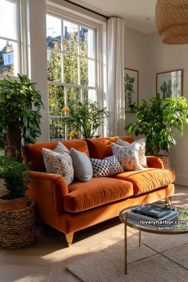 living room with orange velvet sofa, patterned cushions, and green plants. 1