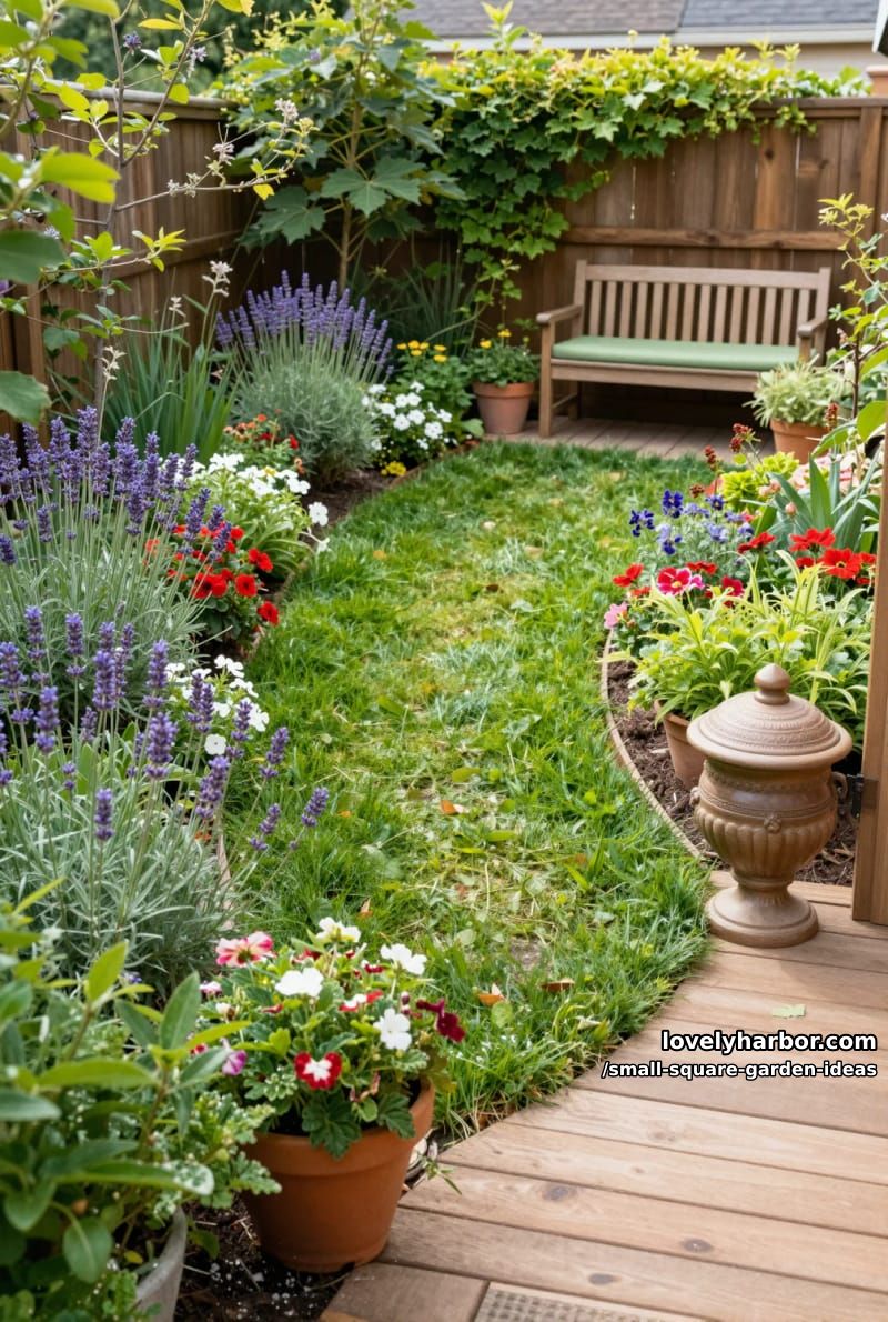 20 Small Square Garden Ideas To Help You Relax In Style 3 lush backyard garden with central grass path, dense flower beds, and cozy bench. 1