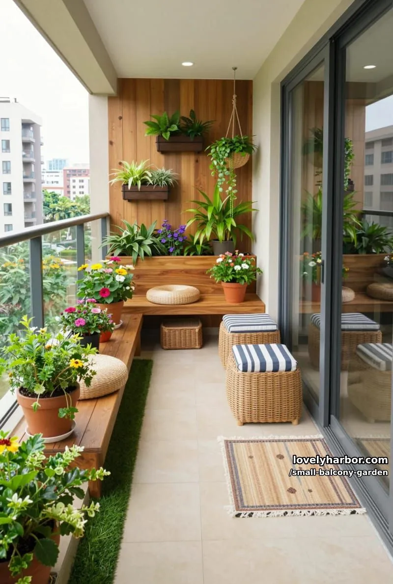 lush balcony garden with benches, hanging planters, artificial grass, and city views. 1