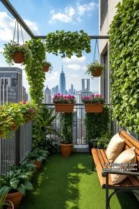 lush balcony garden with benches hanging planters 7