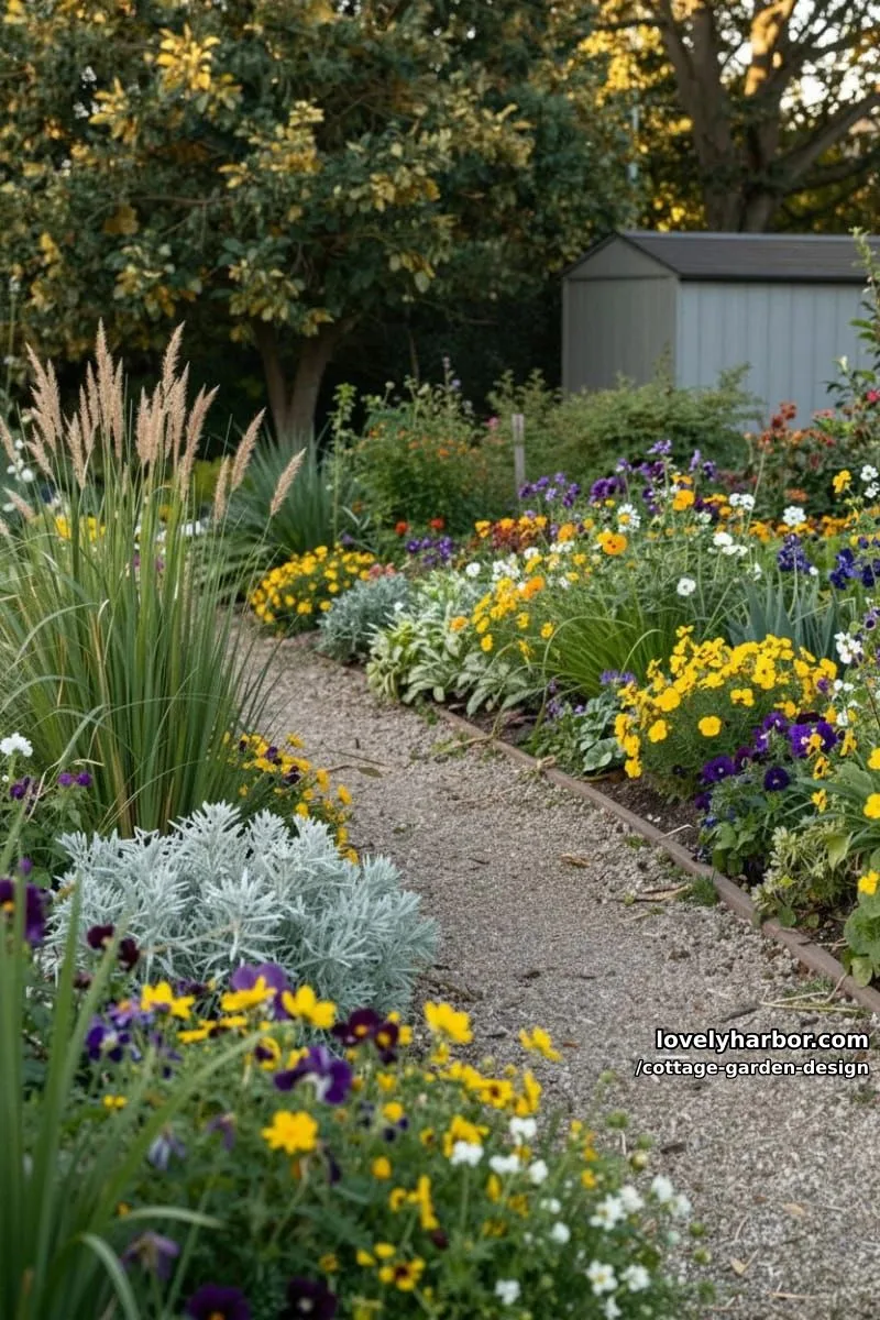 lush flower garden with gravel path and garden shed 1