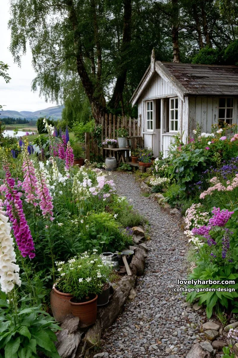 lush flower garden with gravel path and garden shed 1
