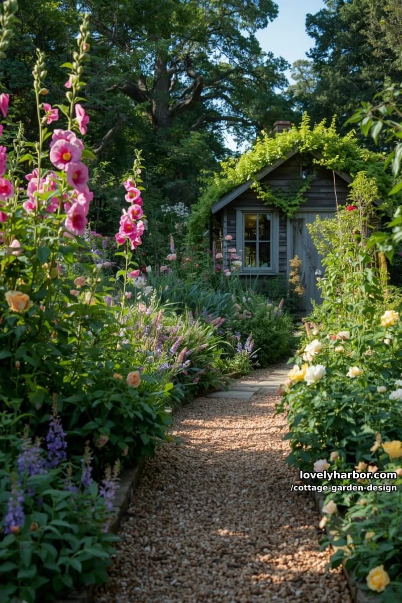 lush flower garden with gravel path and garden shed 1