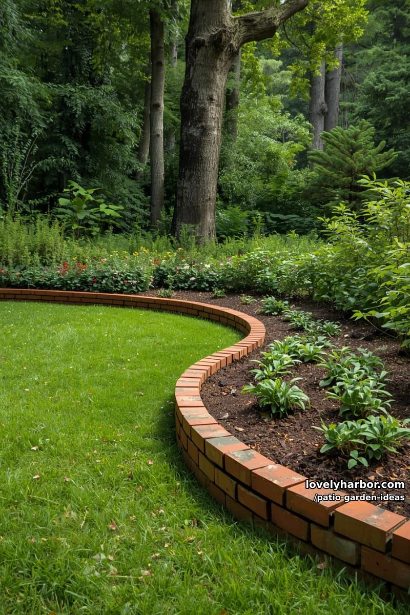 lush garden with grass path, brick edging, and woodland atmosphere. 1