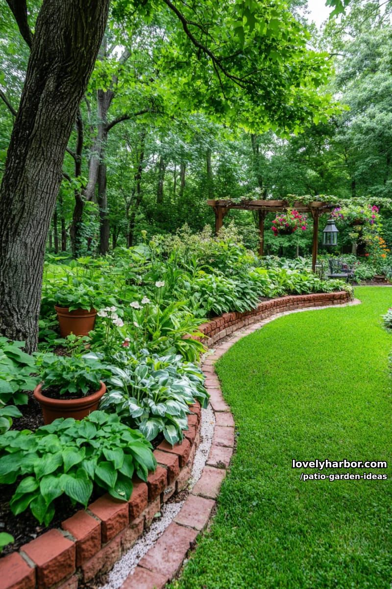 lush garden with grass path, brick edging, and woodland atmosphere. 1