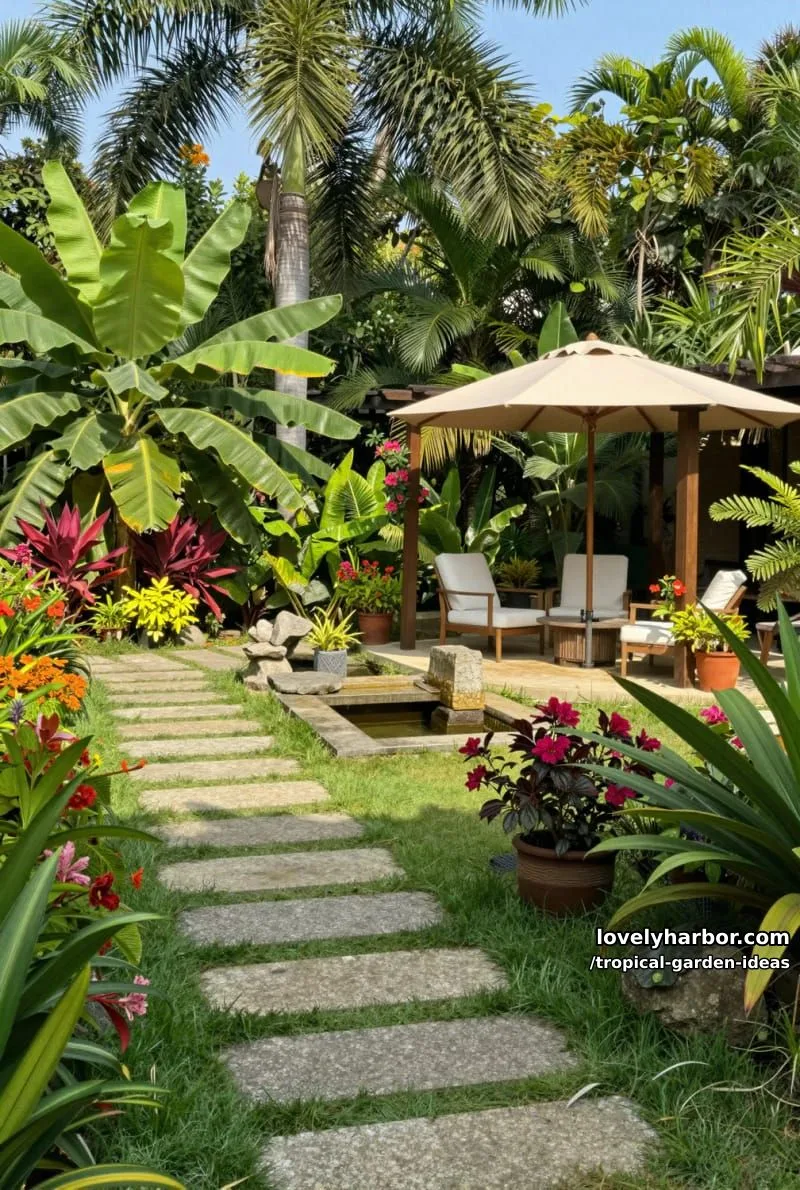 lush garden with palms, banana leaves, flowers, and pergola seating area. 1
