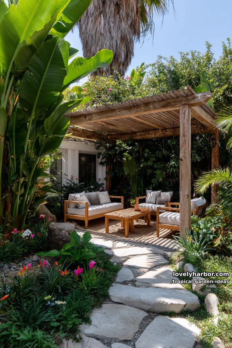 lush garden with palms, banana leaves, flowers, and pergola seating area. 1