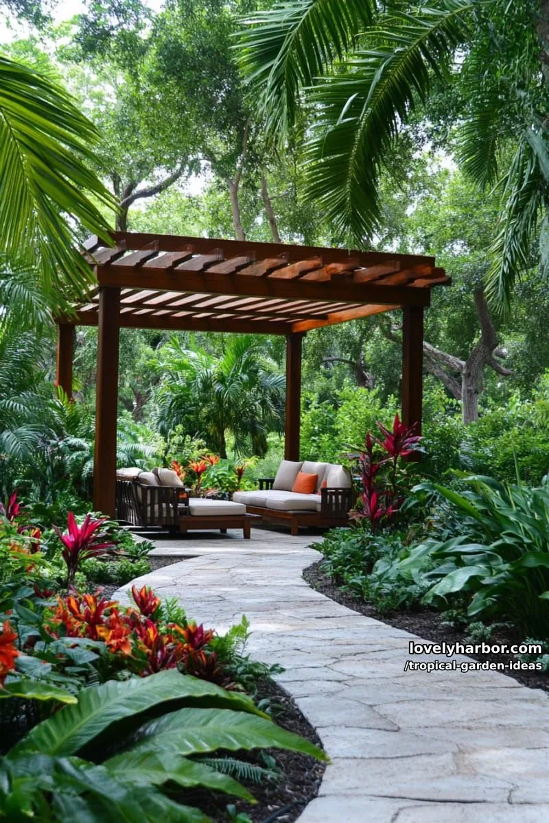 lush garden with palms, banana leaves, flowers, and pergola seating area. 1