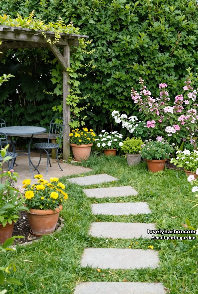 lush garden with pergola, stepping stones, potted yellow flowers, and blooming shrubs. 1