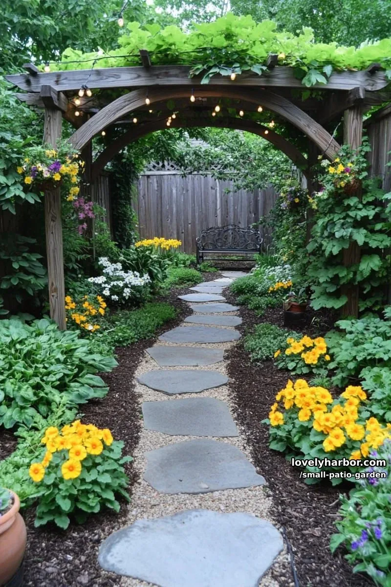 lush garden with pergola, stepping stones, potted yellow flowers, and blooming shrubs. 1