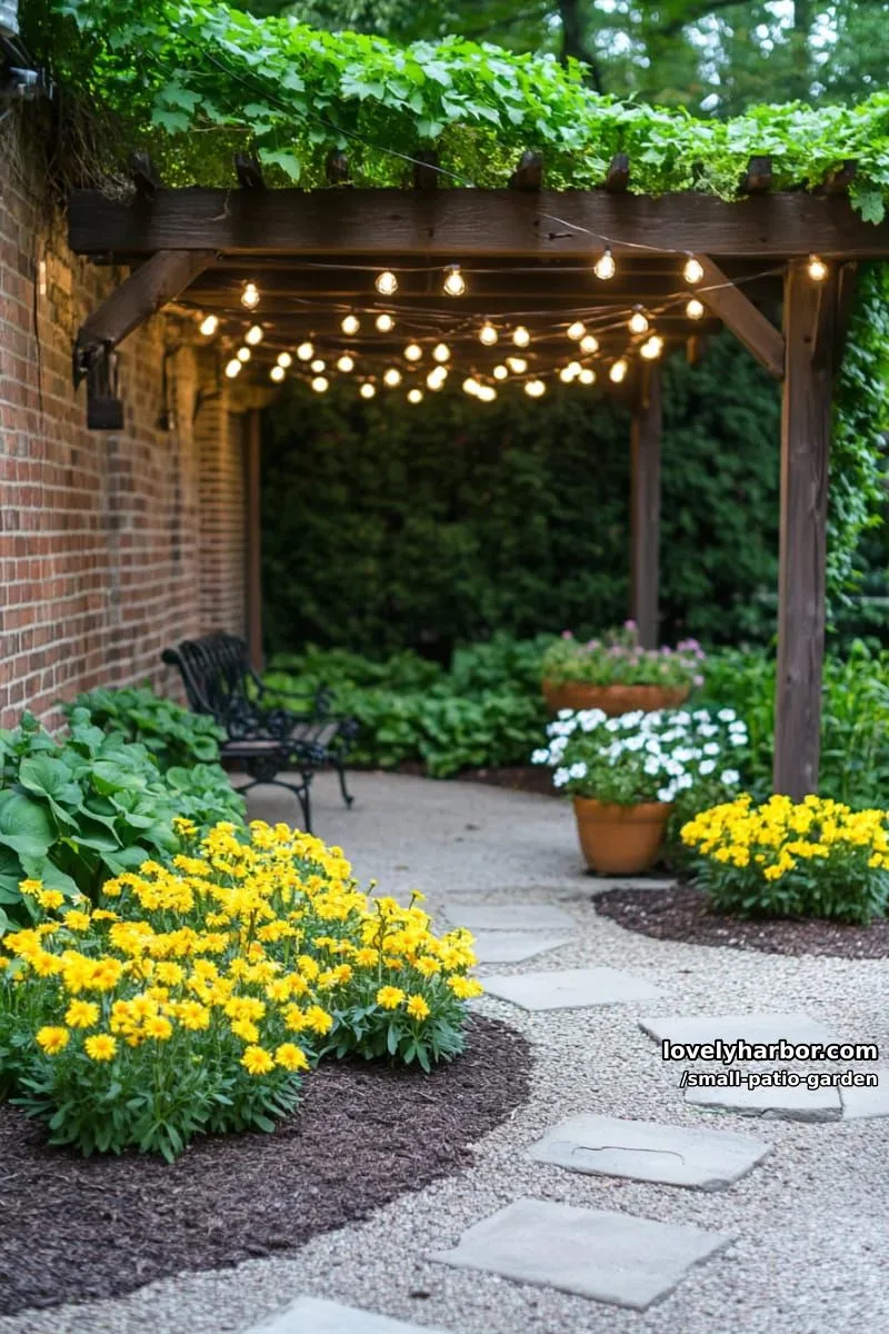 lush garden with pergola, stepping stones, potted yellow flowers, and blooming shrubs. 1