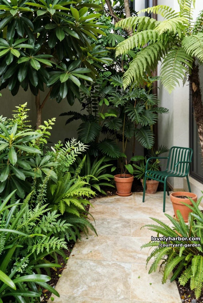 lush garden with terracotta pots, stone pathway, and green metal chair 1