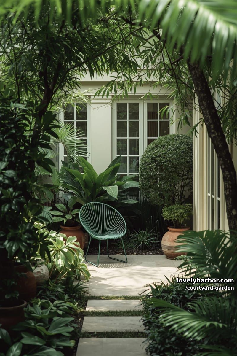 lush garden with terracotta pots, stone pathway, and green metal chair 1