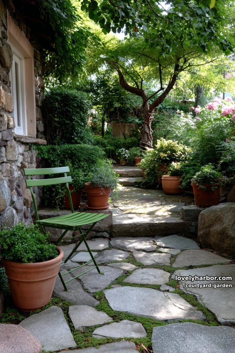 lush garden with terracotta pots, stone pathway, and green metal chair 1