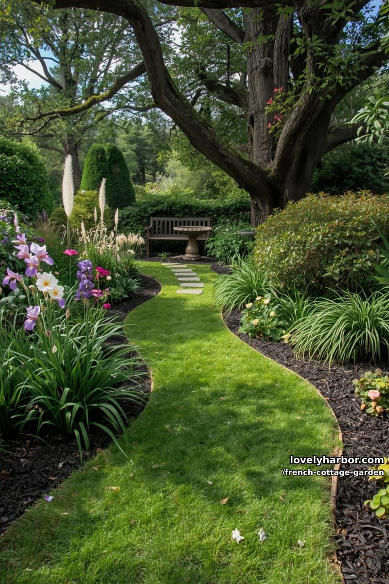 lush garden with winding path, flowerbeds, birdbath, and wooden bench 1