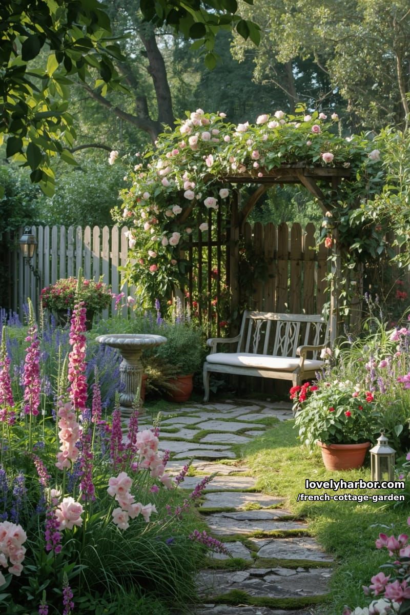lush garden with winding path, flowerbeds, birdbath, and wooden bench 1