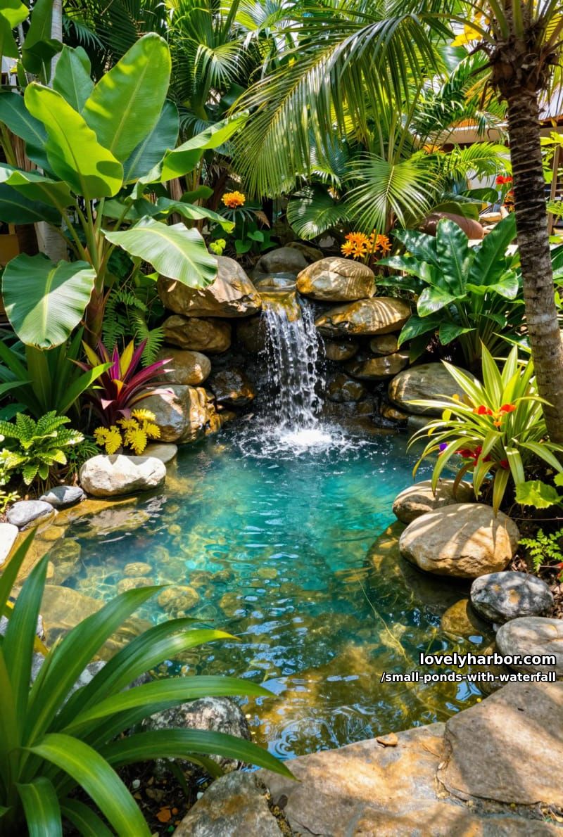 lush tropical pond with multi-tiered stone waterfall and palm trees. 1