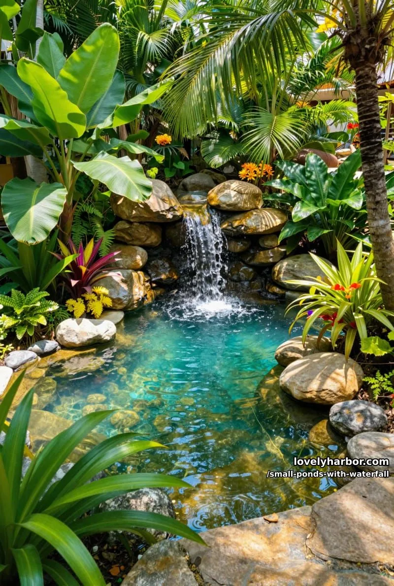 20 Small Ponds With Waterfall Designs For A Relaxing Outdoor Space 3 lush tropical pond with multi-tiered stone waterfall and palm trees. 1