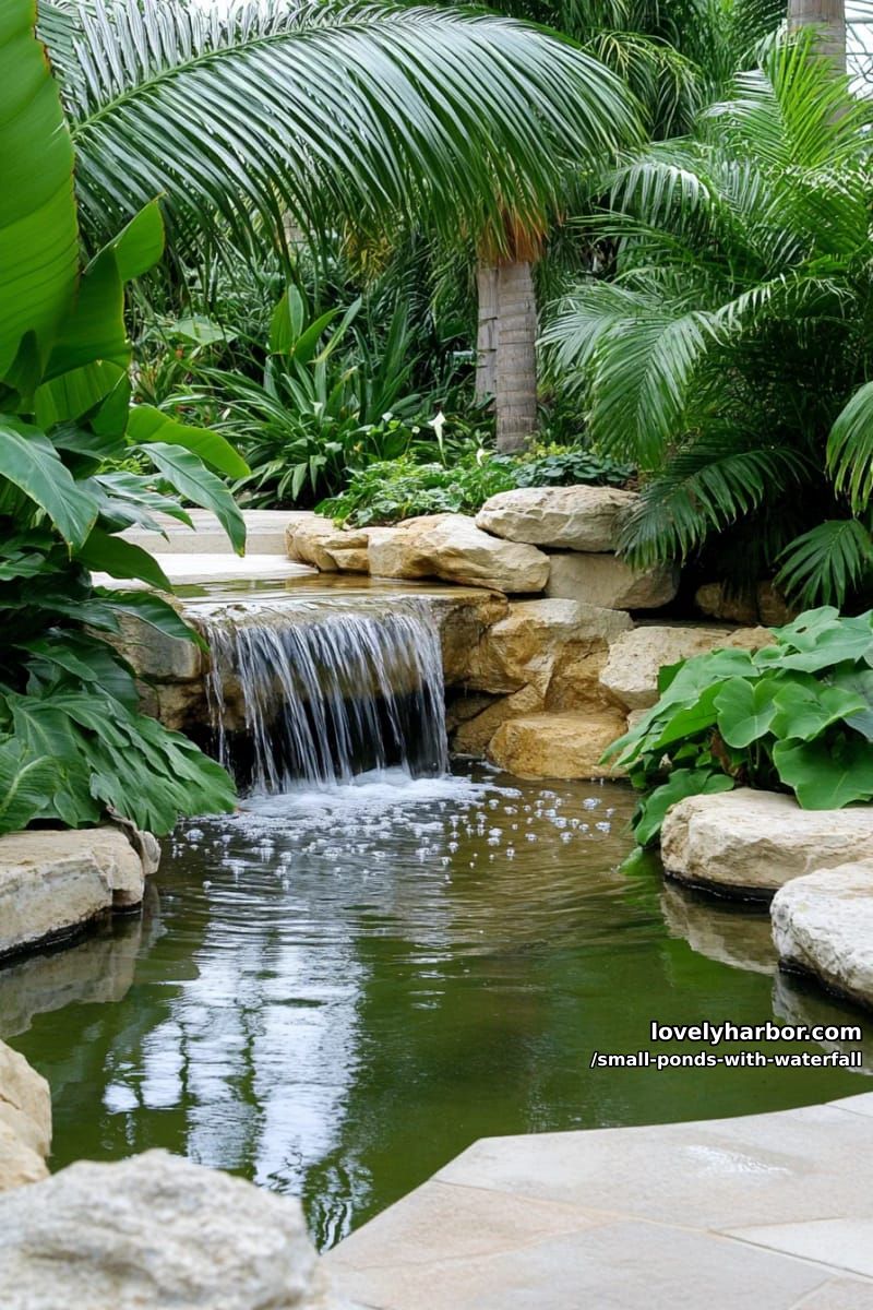 lush tropical pond with multi-tiered stone waterfall and palm trees. 1