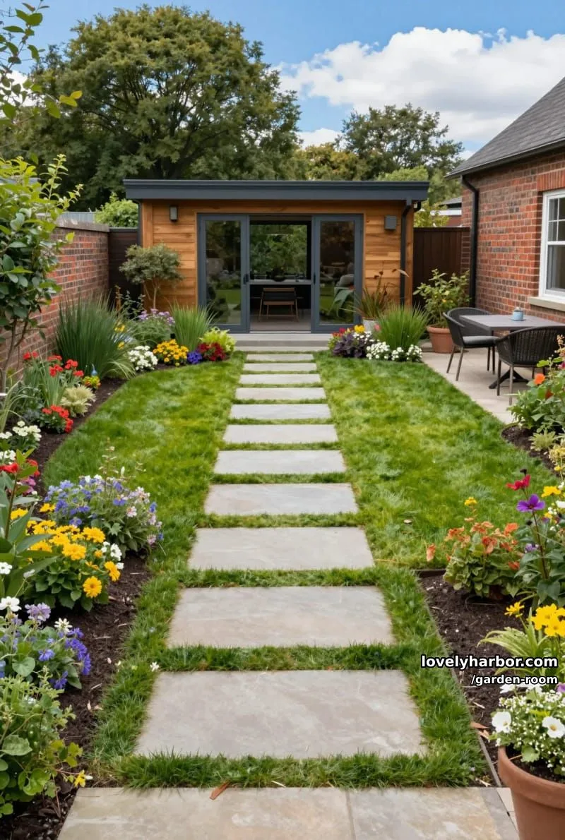 manicured backyard garden with pathway to modern wood garden room. 1